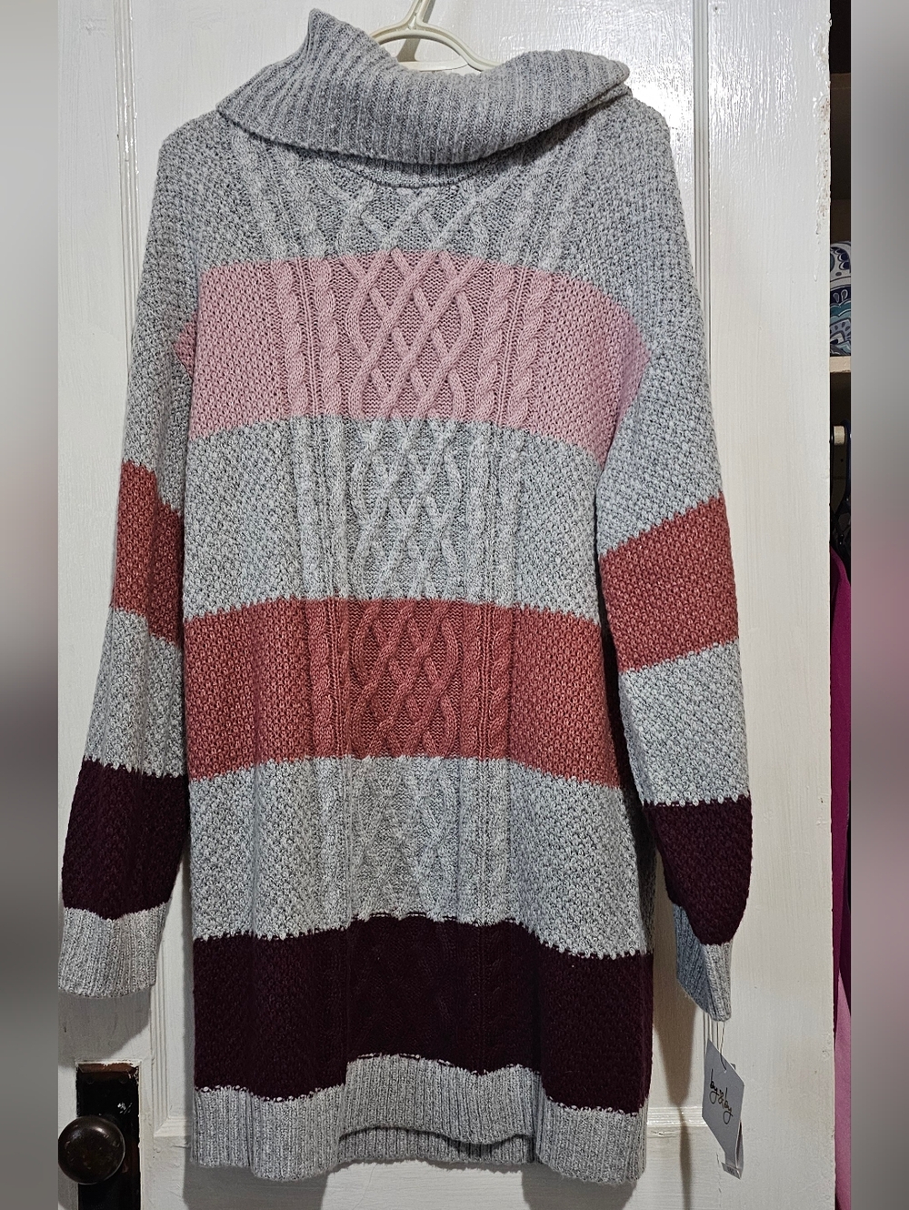 by & by Striped Cable Knit Tunic Sweater Dress- Gray, Pink, Rust, Burgundy